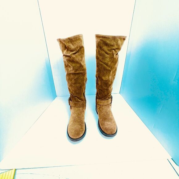 Fergalicious by Fergie Boots Size 6.5 M Tan Knee High Slouchy Riding Combat Boot - Picture 1 of 14